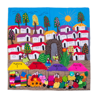 Wandbehang aus Arpillera-Baumwolle - Handgefertigter Arpillera-Wandbehang aus Baumwolle vom peruanischen Markt
