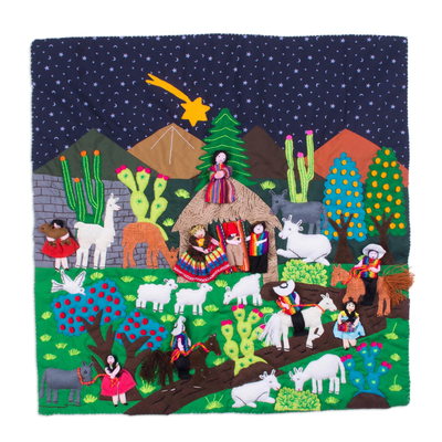 Hand Made Cotton Arpillera Wall Hanging of Andean Nativity