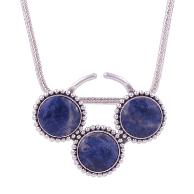 Sodalite pendant necklace, 'Planetary Trio' - Circular Sodalite and Silver Pendant Necklace from Peru