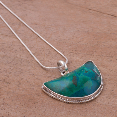 Chrysocolla pendant necklace, 'Blue-Green Crescent Moon' - Crescent Chrysocolla Pendant Necklace from Peru