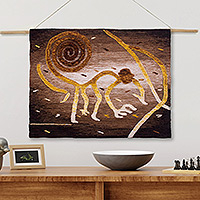 Alpaca blend tapestry, 'Monkey Mischief' - Golden Brown Nazca Monkey Alpaca Blend Tapestry
