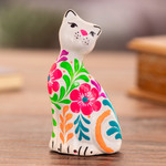 Ceramic figurine, 'Sweet Cat in White' - Ceramic Figurine of a Floral White Cat from Peru
