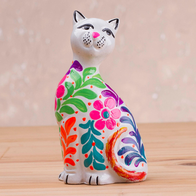 Ceramic figurine, 'Sweet Cat in White' - Ceramic Figurine of a Floral White Cat from Peru