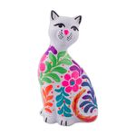 Ceramic figurine, 'Sweet Cat in White' - Ceramic Figurine of a Floral White Cat from Peru