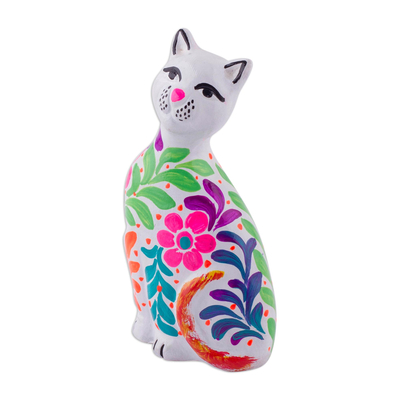Keramikfigur - Keramikfigur einer weißen Katze mit Blumenmuster aus Peru