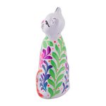 Ceramic figurine, 'Sweet Cat in White' - Ceramic Figurine of a Floral White Cat from Peru