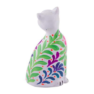 Keramikfigur - Keramikfigur einer weißen Katze mit Blumenmuster aus Peru