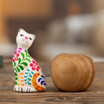 Ceramic figurine, 'Sweet Cat in White' - Ceramic Figurine of a Floral White Cat from Peru