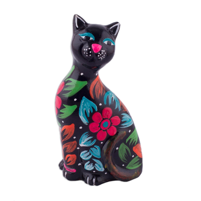 Ceramic figurine, 'Sweet Cat in Black' - Ceramic Figurine of a Floral Black Cat from Peru