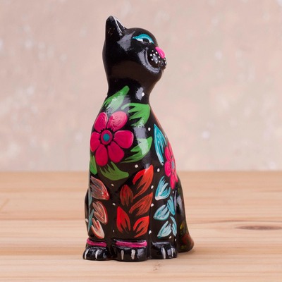 Keramikfigur - Keramikfigur einer geblümten schwarzen Katze aus Peru