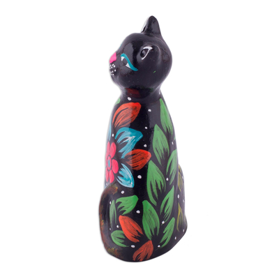 Ceramic figurine, 'Sweet Cat in Black' - Ceramic Figurine of a Floral Black Cat from Peru