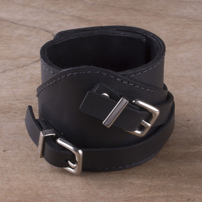 Leather wristband bracelet, 'Let's Rock' - Black Sheepskin Leather Wristband Bracelet from Peru