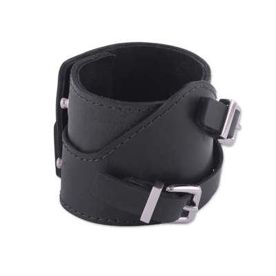 Leather wristband bracelet, 'Let's Rock' - Black Sheepskin Leather Wristband Bracelet from Peru