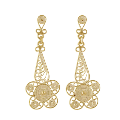 Gold plated sterling silver filigree dangle earrings, 'Queen of the Golden Flowers' - Floral Gold Plated Silver Filigree Earrings from Peru
