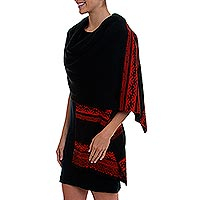 Alpaca blend shawl, 'Andean Spirit in Black' - Peruvian Black and Orange Alpaca Blend Knit Shawl from Peru