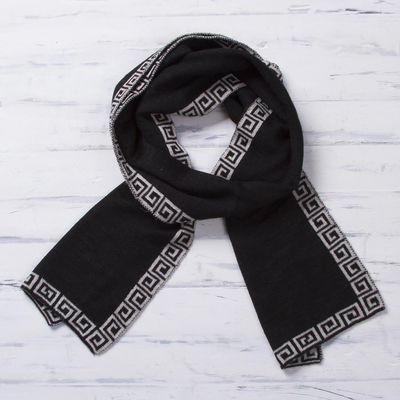 Alpaca blend reversible scarf, 'Incan Inspiration' - Reversible Ivory and Black Alpaca Blend Knit Scarf from Peru