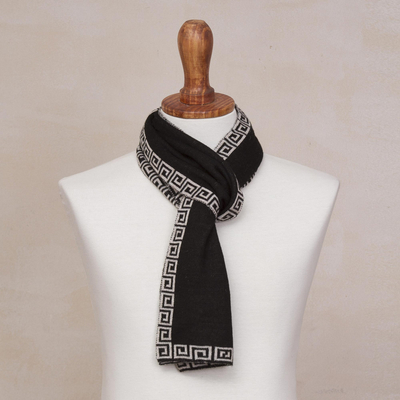 Alpaca blend reversible scarf, 'Incan Inspiration' - Reversible Ivory and Black Alpaca Blend Knit Scarf from Peru