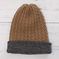 Gorro hombre reversible en mezcla de alpaca - Sombrero reversible de mezcla de alpaca gris y marrón para hombre de Perú