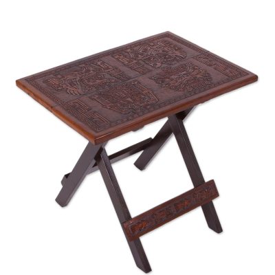 Mohena wood and leather folding table, 'Andean Guardians' - Handmade Mohena Wood and Leather Folding Table from Peru