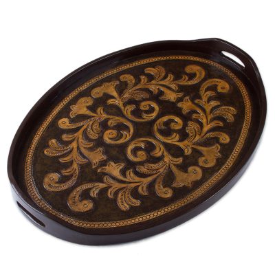 Leather tray, 'Colonial Symbol' - Handcrafted Oval Leather Tray from Peru