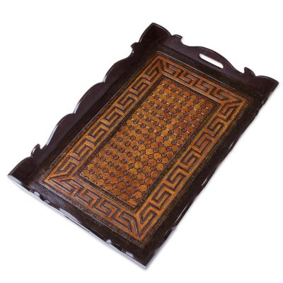 Leather tray, 'Inca Fortress' - Tray with Hand-Tooled Leather from Peru