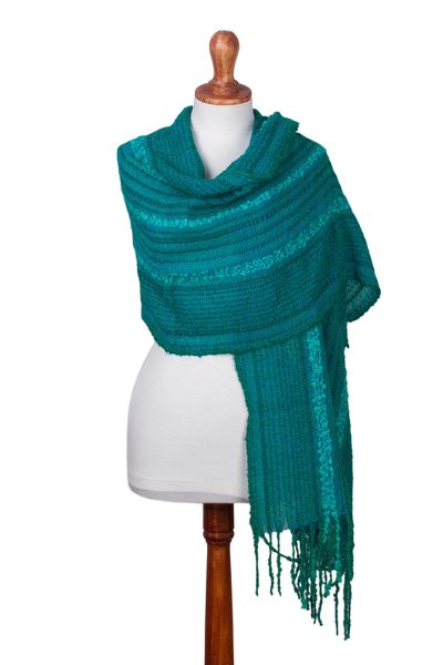 Baby alpaca blend shawl, 'Turquoise Waves' - Subtly Striped Turquoise Baby Alpaca Blend Hand Woven Shawl