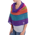 Baby alpaca blend shawl, 'Mountain Sunset' - Bold Multi-Color Striped Baby Alpaca Blend Hand Woven Shawl