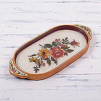 Reverse painted glass tray, 'Regal Bouquet' - Handmade Reverse Painted Glass Tray from Peru