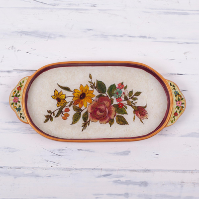 Reverse painted glass tray, 'Regal Bouquet' - Handmade Reverse Painted Glass Tray from Peru