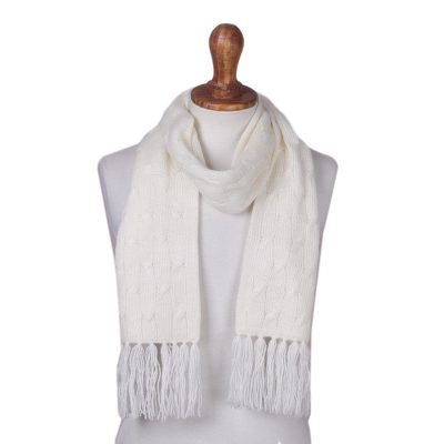Cable knit scarf, 'Soft Winter White' - White Unisex Acrylic Cable Knit Scarf from Peru
