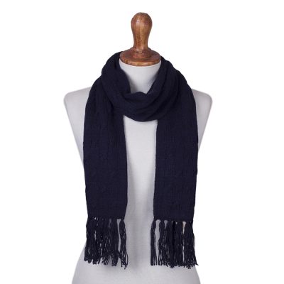 Cable knit scarf, 'Soft Winter Navy' - Andean Unisex Navy Peony Blue Acrylic Cable Knit Scarf