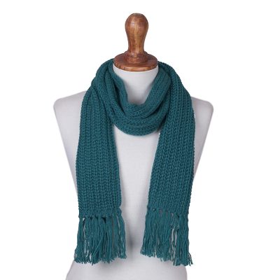 Rib knit scarf, 'Teal Andean Textures' - Teal Green Rib Knit Peruvian Scarf in Acrylic