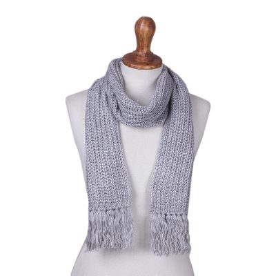 Rib knit scarf, 'Ash Grey Andean Textures' - Andean Unisex Rib Knit Acrylic Scarf in Ash Grey