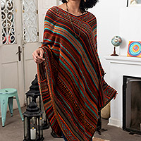 Knit poncho, 'Highland Rivers' - Red and Multi-Color Striped Acrylic Knit Poncho