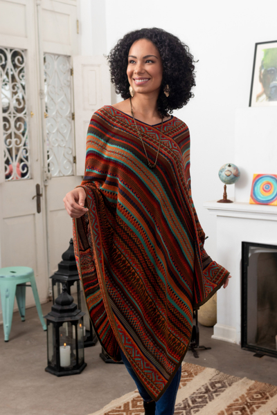 Knit poncho, 'Rivers of Red' - Red and Multi-Color Striped Acrylic Knit Poncho