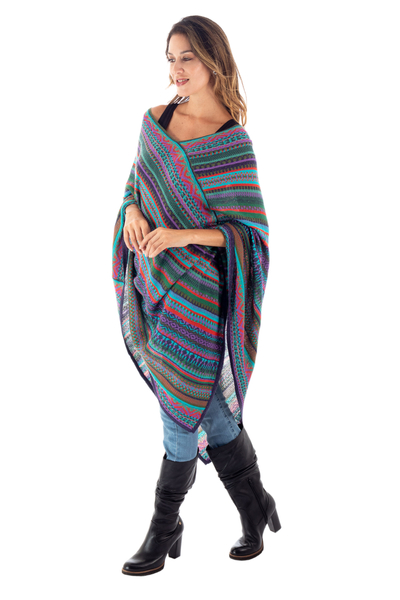 Knit poncho, 'Stripes in Bloom' - Fuchsia and Multi-Color Striped Acrylic Knit Poncho