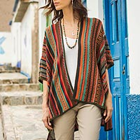 Knit ruana, 'Desert Strata' - Multi-Color Striped Knit Layering Ruana