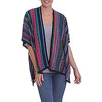 Knit kimono-style ruana, 'Garden Strata' - Fuchsia and Multi-Color Striped Acrylic Knit Ruana