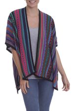 Knit kimono-style ruana, 'Garden Strata' - Fuchsia and Multi-colour Striped Acrylic Knit Ruana