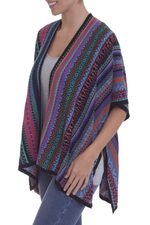 Knit kimono-style ruana, 'Garden Strata' - Fuchsia and Multi-colour Striped Acrylic Knit Ruana