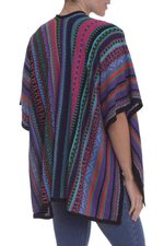 Knit kimono-style ruana, 'Garden Strata' - Fuchsia and Multi-colour Striped Acrylic Knit Ruana