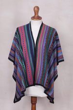 Knit kimono-style ruana, 'Garden Strata' - Fuchsia and Multi-colour Striped Acrylic Knit Ruana