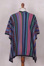 Knit kimono-style ruana, 'Garden Strata' - Fuchsia and Multi-colour Striped Acrylic Knit Ruana