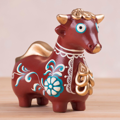 Ceramic statuette, 'Elegant Bull of Quinua' - Brown Little Bull of Quinua Ceramic Statuette from Peru