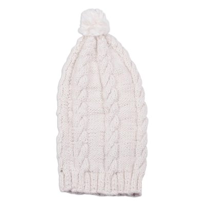 100% alpaca hat, 'Andean Roots' - Handmade Beige 100% Alpaca Hat with Pompom from Peru