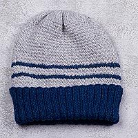 Men's alpaca blend hat, 'Winter's Embrace in Blue' - Peruvian Men's Blue and Grey Striped Alpaca Blend Hat