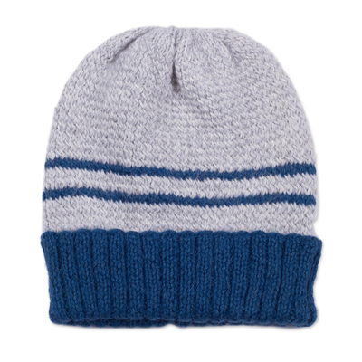 Men's alpaca blend hat, 'Winter's Embrace in Blue' - Peruvian Men's Blue and Grey Striped Alpaca Blend Hat