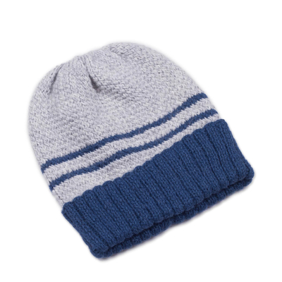 Men's alpaca blend hat, 'Winter's Embrace in Blue' - Peruvian Men's Blue and Grey Striped Alpaca Blend Hat