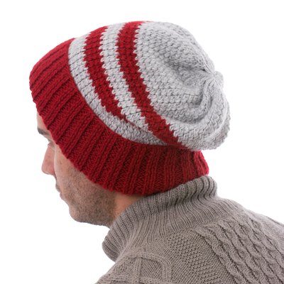 Men's alpaca blend hat, 'Winter's Embrace in Red' - Men's Red and Grey Striped Alpaca Blend Hat from Peru