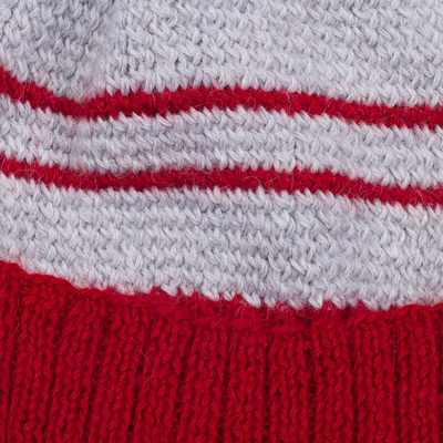Men's alpaca blend hat, 'Winter's Embrace in Red' - Men's Red and Grey Striped Alpaca Blend Hat from Peru